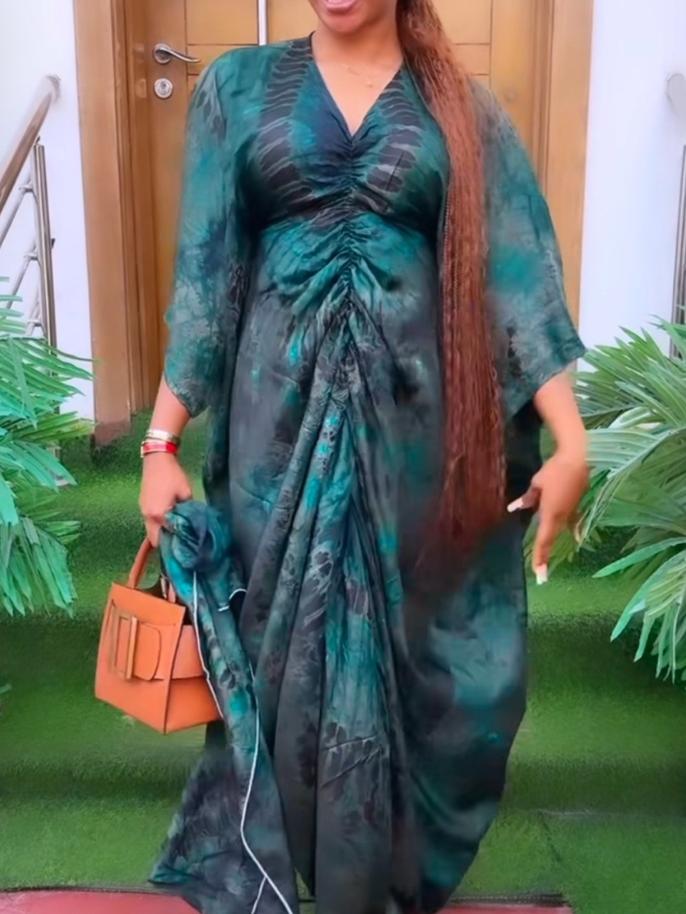 Elegant Teal Ruched V-Neck Maxi Dress, comes in different colors one size fit